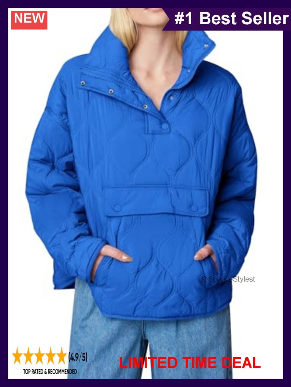 Womens Oversized Puffer Pullover Half Zip Quilted Lightweight Jacket Coat